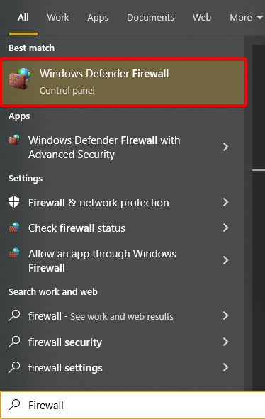 Using Windows Search to bring up Windows Defender Firewall.png