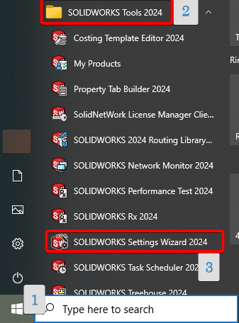 windows icon, app list, SOLIDWORKS tools 2024 folder to find settings wizard.png