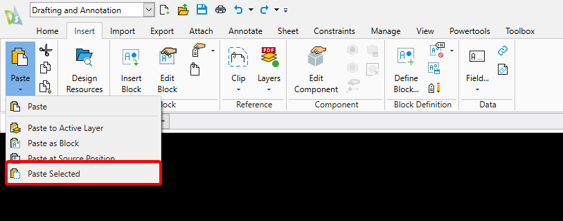 Use the Paste Selected option to paste the image