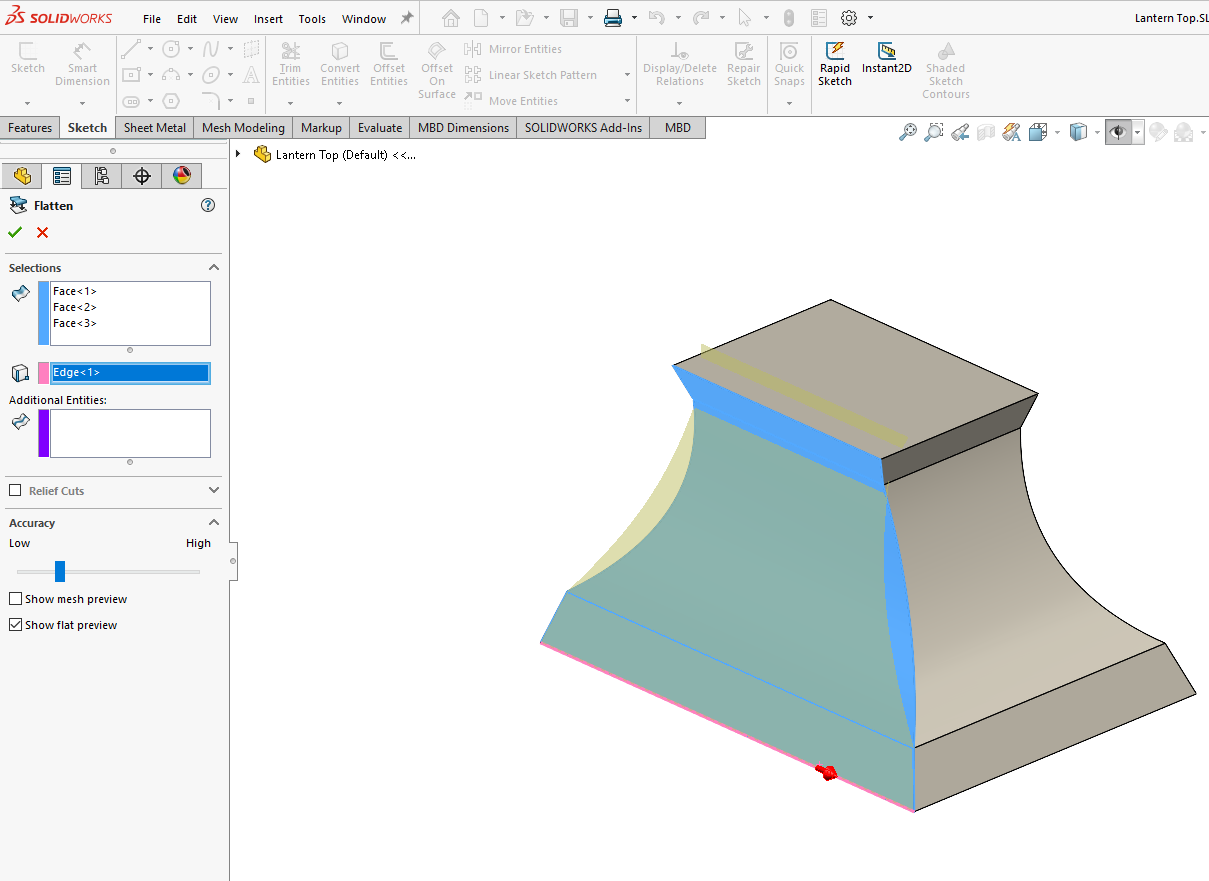 faces to flatten and an edge to flatten from have been selected and shown in the Property Manager.png