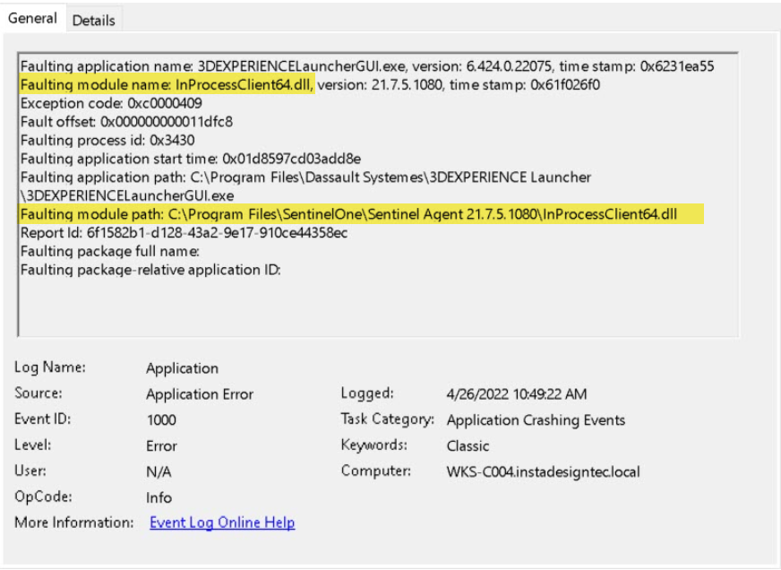 An error from the Windows Event Viewer Application log, showing an InProcessClient64.dll faulting module, with the path indicating that the error is caused by SentinelOne.