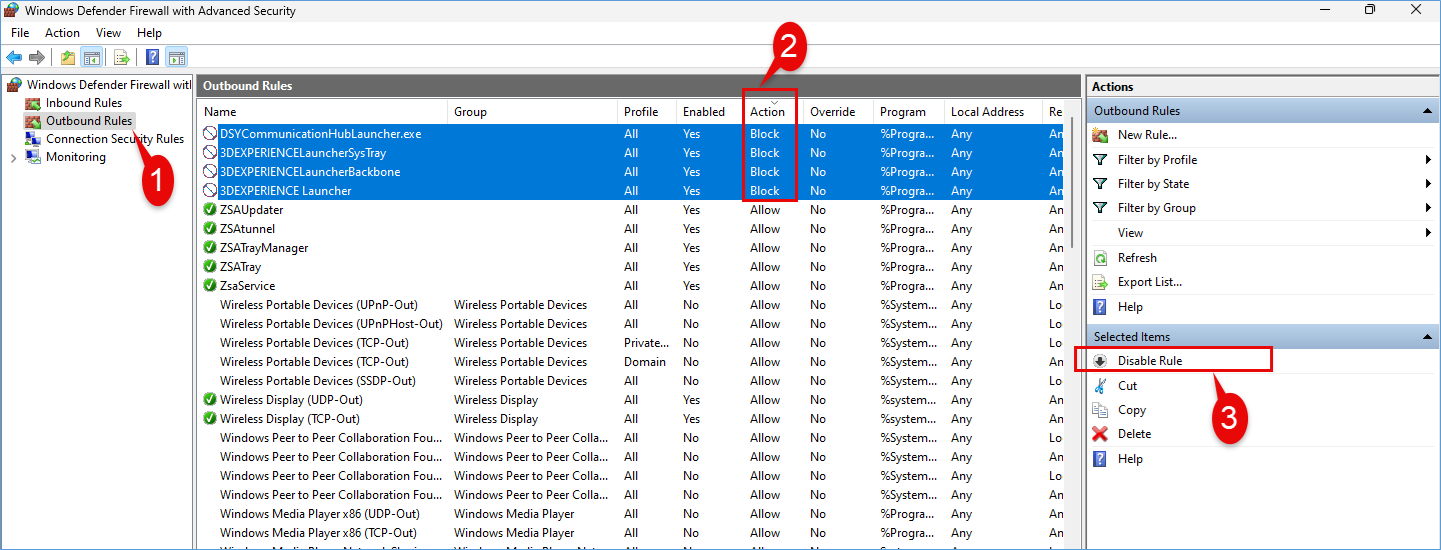 The Windows Defender Firewall with Advanced Security window, showing Outbound Rules selected in the pane on the left, the Action column sorted to show Block rules first, rules specific to 3DEXPERIENCE, the 3DEXPERIENCE Launcher, and DS selected, and the Disable Rule button highlighted in the Actions pane on the right.
