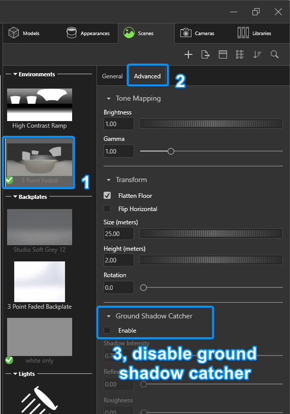 going to the advanced tab and disable ground shadow catcher option checkbox.png