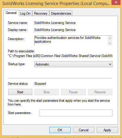 Image of SolidWorks Licensing Service Properties Menu