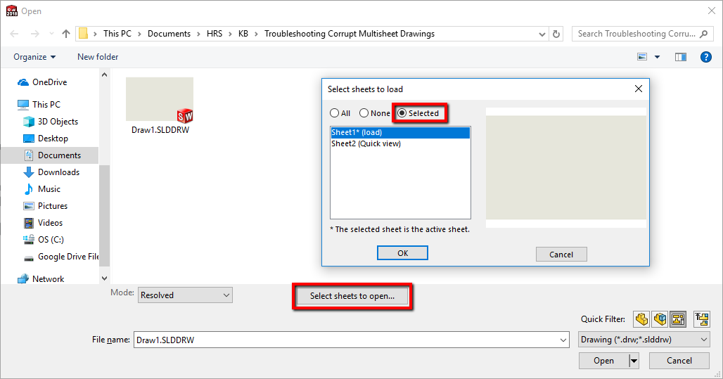 Select sheets to open