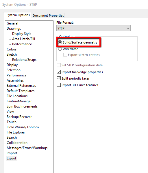 System Options window's Export section with STEP selected and Solid/Surface Geometry highlighted. 