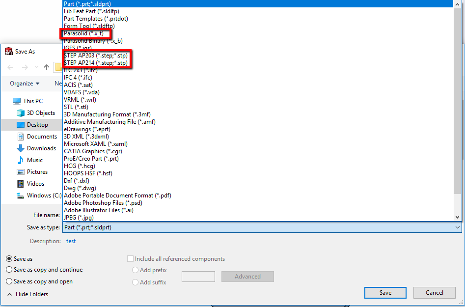 The Save AS window with the Save As Type drop-down open and Parasolid, STEP AP203, and STEP AP214 highlighted.