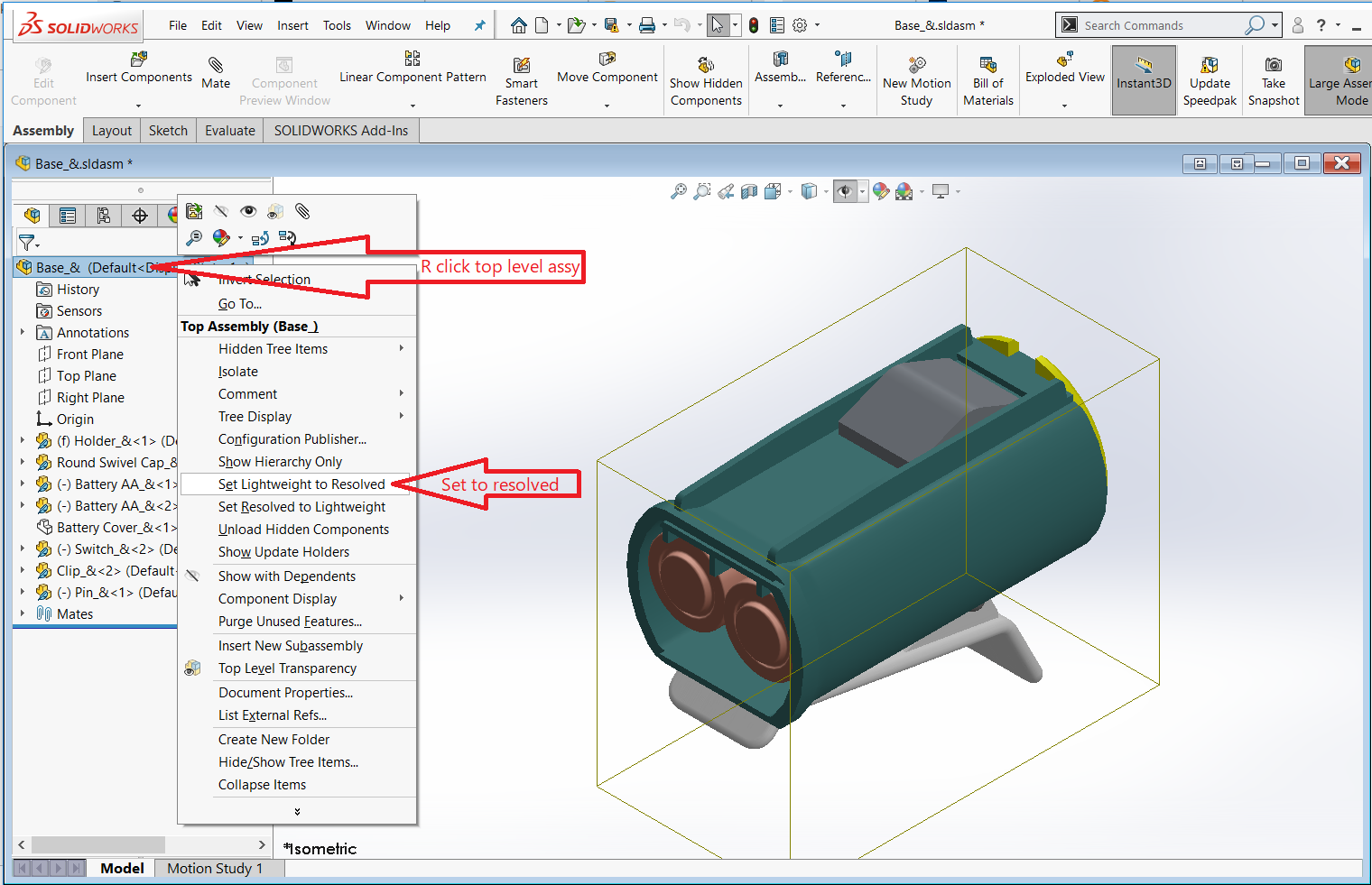 SolidWorks - Set Lightweight to Resolved