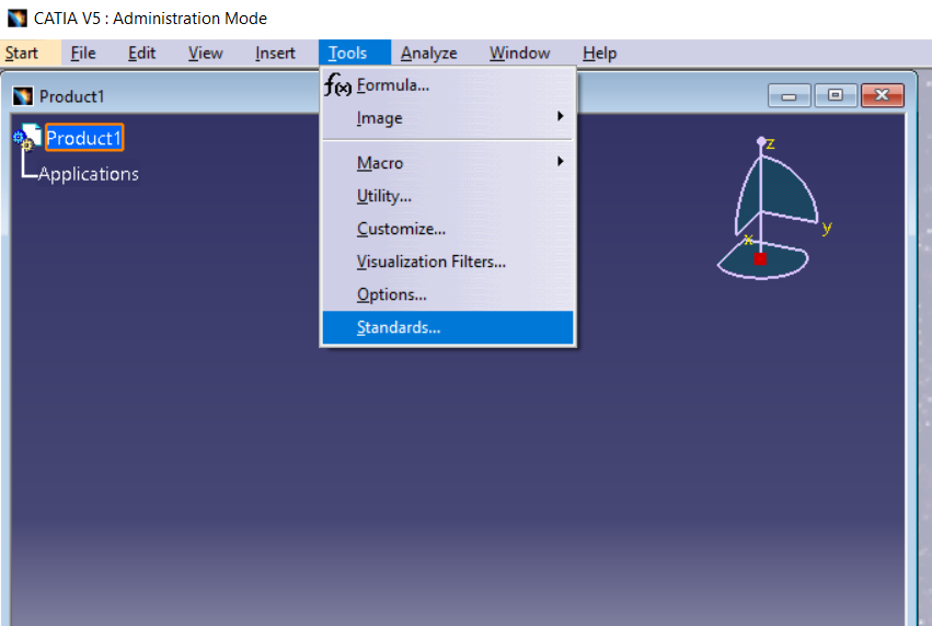CATIA Tools Menu showing the Standards option