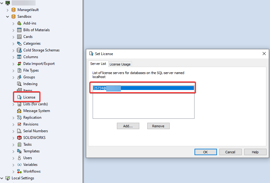 PDM admin license to show a dialog window of its server list