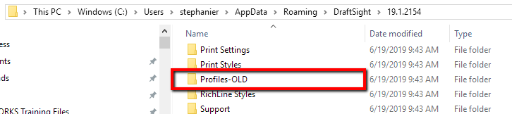 Draftsight Profiles folder highlighted in Explorer