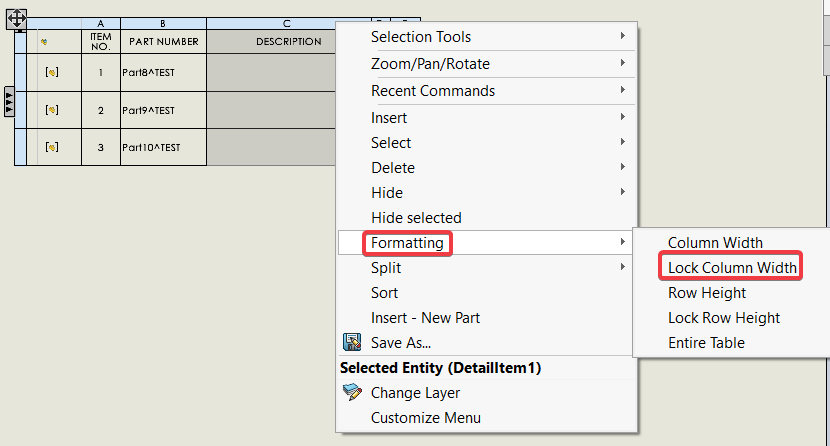 Bom Column Width Not Retained When Changing Bom Type
