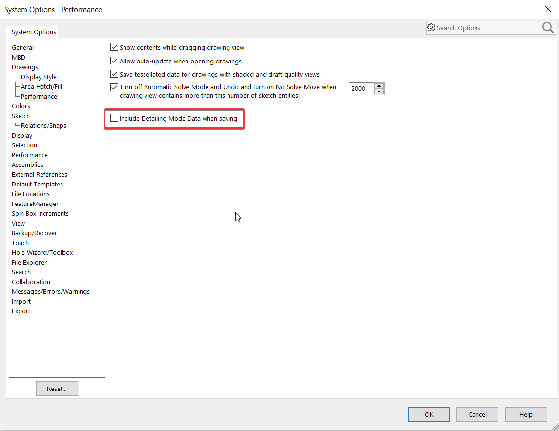 Include Detailing Mode Data When Saving Setting