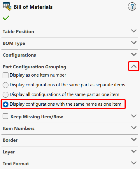 Image showing the bill of materials option relevant to this issue.