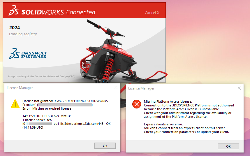 Errors occurring while launching SOLIDWORKS, regarding 3DEPXERIENCE licenses being missing or expired.