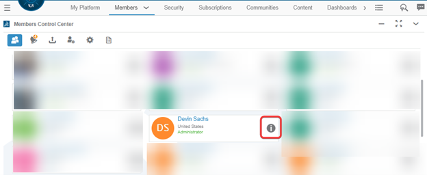 The Members Control Center showing members on the platform, with the 'i' button for Member Details next to one user highlighted.