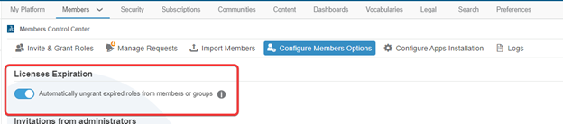 The Configure Members Options tab of the Members Control Center, with the option to ungrant expired roles highlighted and enabled.