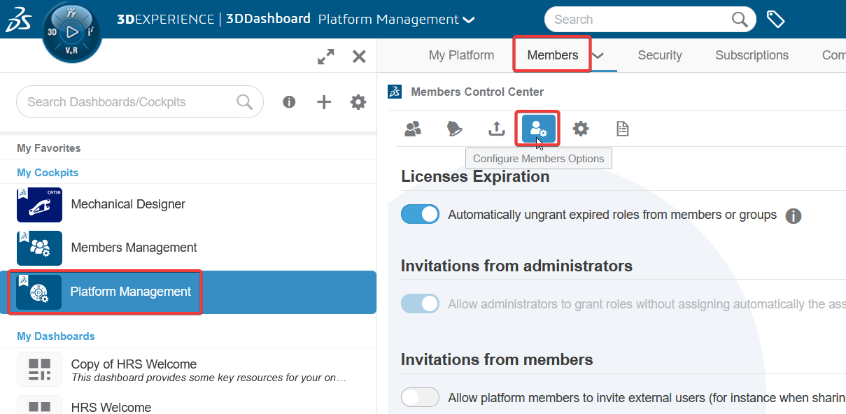 The Configure Members Options tab of the Members Control Center, with the steps to get there - the Platform Management dashboard and the Members tab - also highlighted.