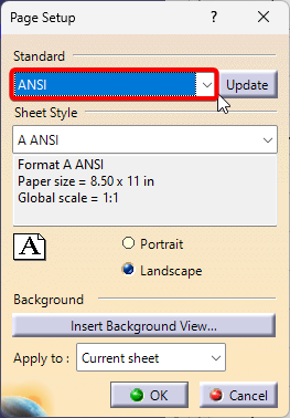 Page Setup Window showing the Standard Dropdown