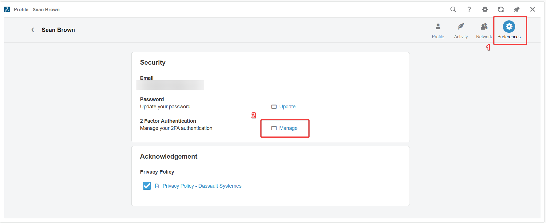 Locating the settings to manage 2 Factor Authentication