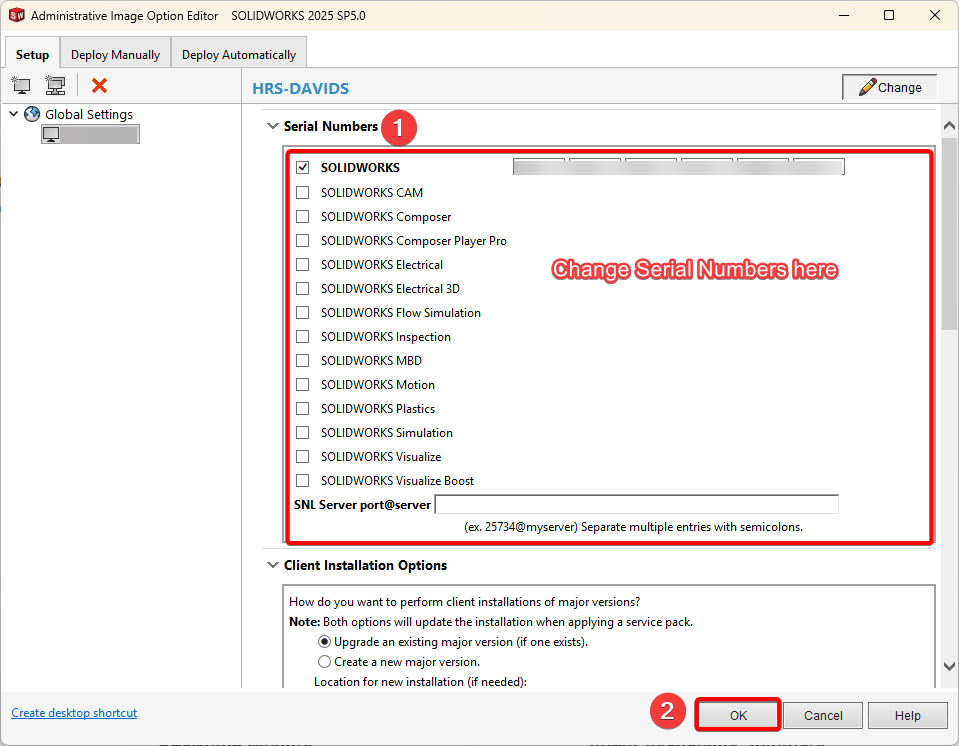 Change Serial Numbers and hit OK