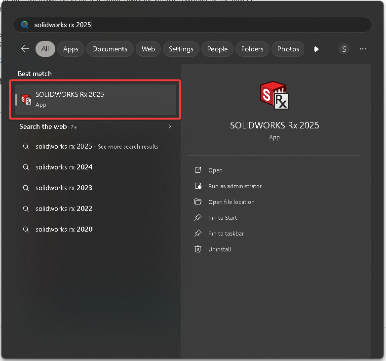 Finding SOLIDWORKS Rx in the Start Menu