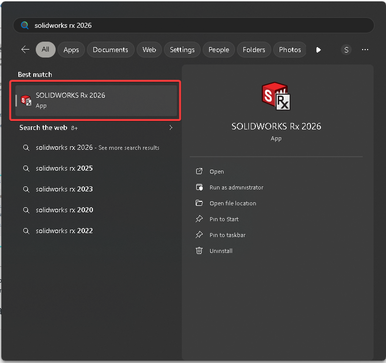Finding SOLIDWORKS Rx in the Start Menu