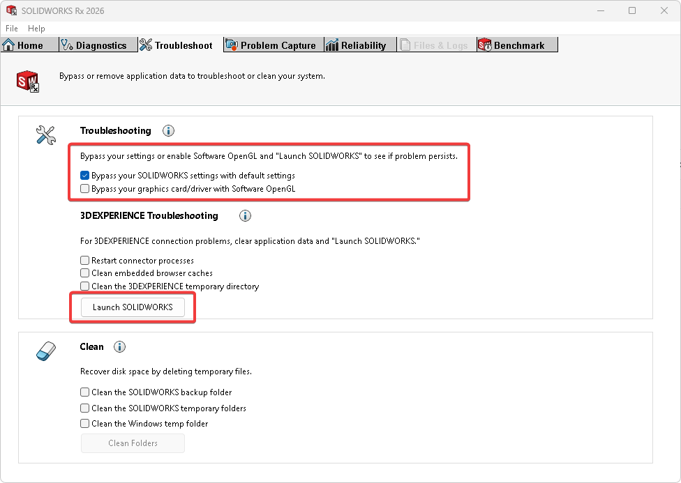 SOLIDWORKS Rx Troubleshooting Tab