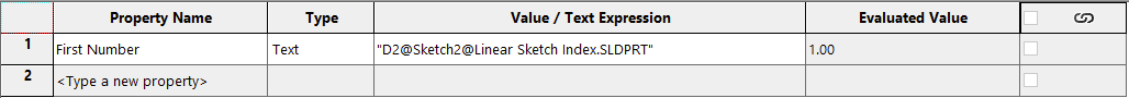 custom property dialog box, with a named property 'First Number' and value that calls out the dimension value to the construction line from Step 2