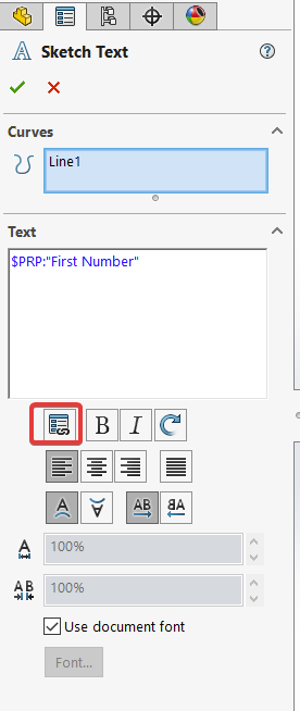 link to custom property button is highlighted. After linking the property, $PRP:'property name' would appear in the text box