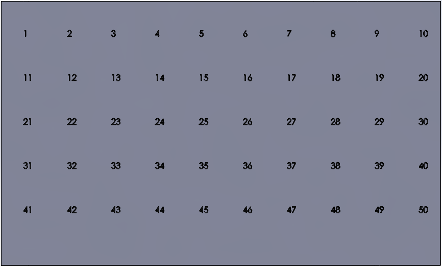 incremented numbers extruded on a block, from 1 to 50