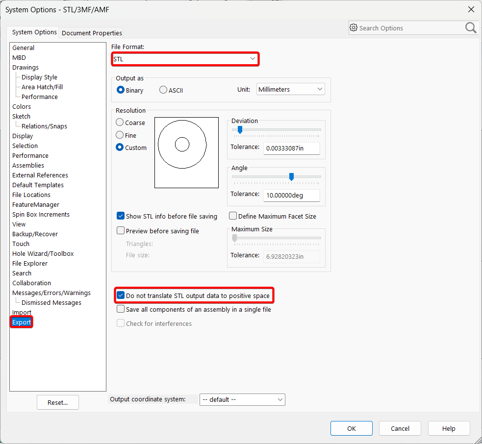 Systems Options Window, in the Export section, modifying the STL File Format Options