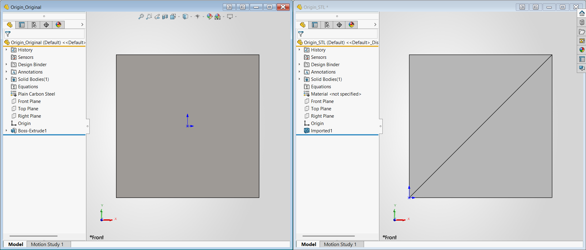 Right, Show original part with origin in center. Left, shows imported STL with origin in corner