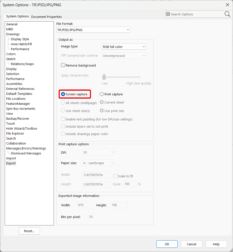 Image of the SOLIDWORKS Export Options window showing the “Screen Capture” and “Print Capture” settings for image formats including JPG, PNG, TIF, and PSD.