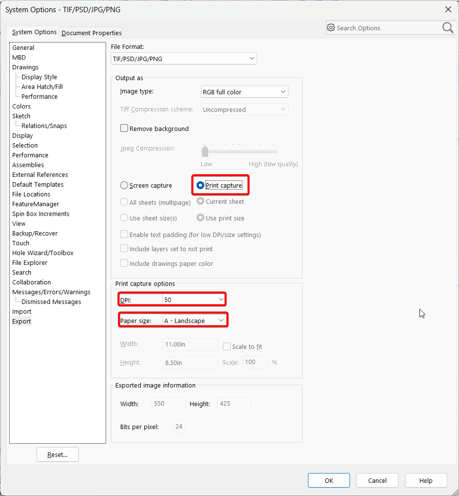 Image of the SOLIDWORKS Export Options window showing the “Screen Capture” and “Print Capture” settings for image formats including JPG, PNG, TIF, and PSD.