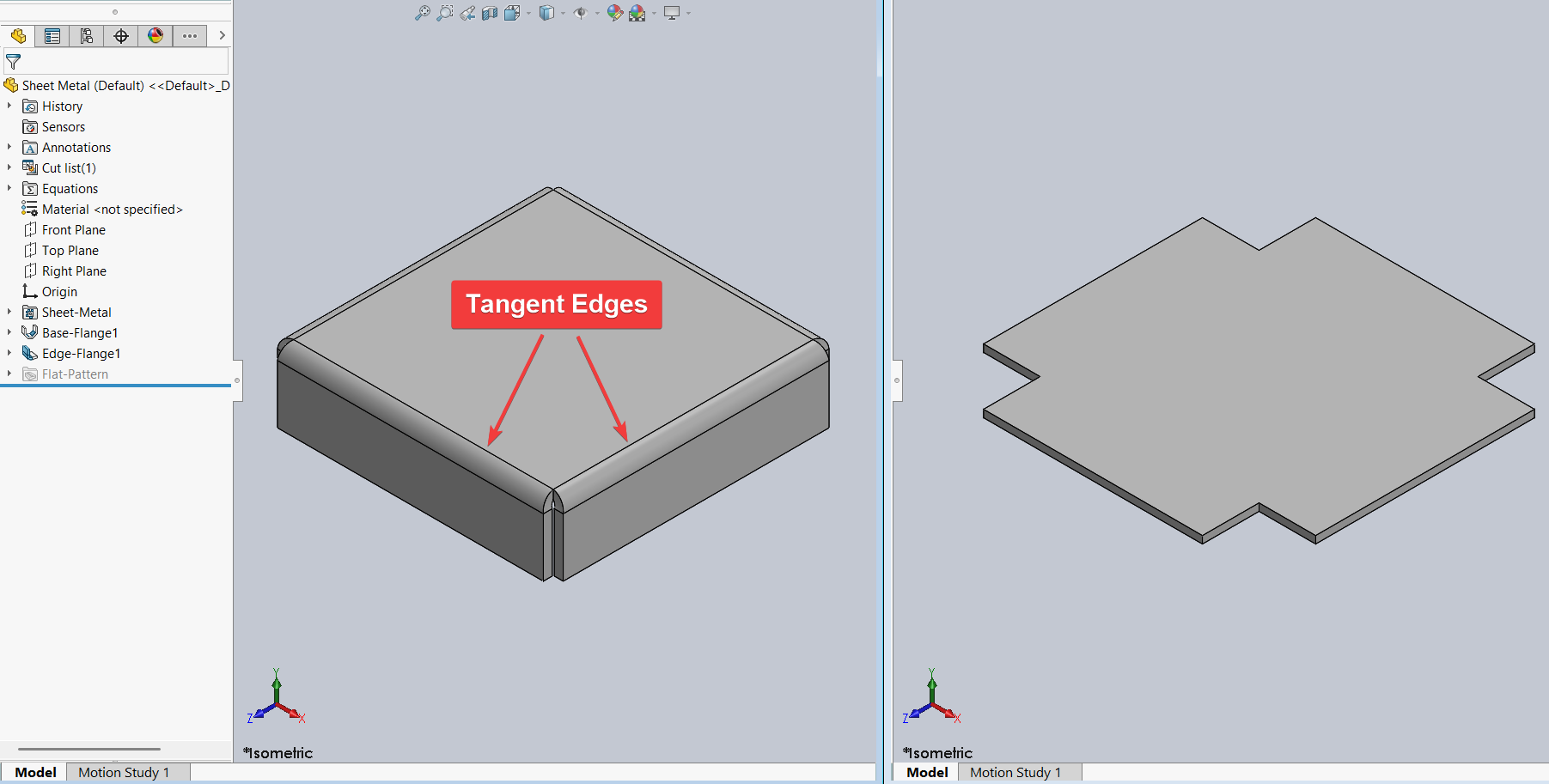 Tangent edges shown on sheet metal part, missing on flat pattern