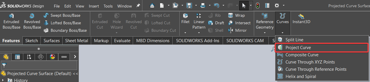 Project Curve feature in drop down menu of Curves button