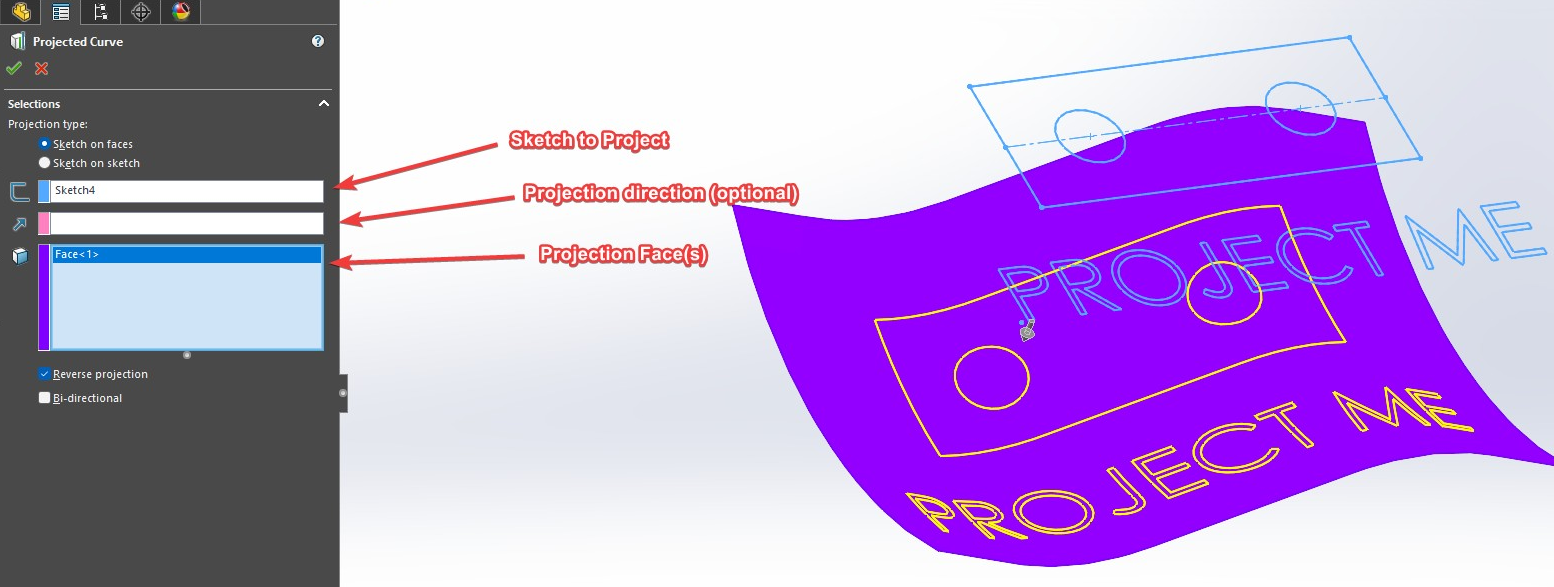 Projected Curve, sketch on faces type, Select appropriate sketch, faces, and projection direction