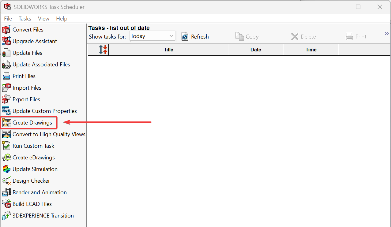 SOLIDWORKS Task Scheduler, Create Drawings task location