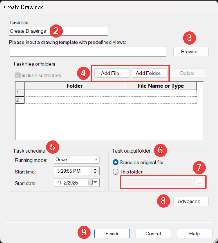 Create Drawings Task, steps 2-9