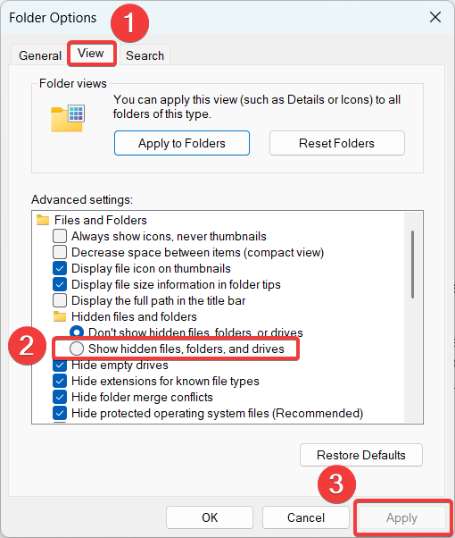 Windows Folder Options, Show hidden files, folders, and drives