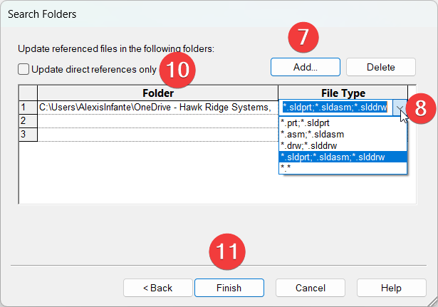 Search folders command window for specifying the folders to be updated with the Update Associated Files Task