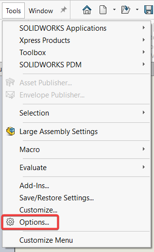 Options button location in Tools drop-down menu