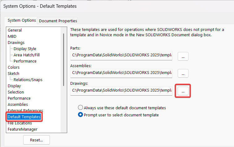 Change default drawing template, select "..." button and browse to file.