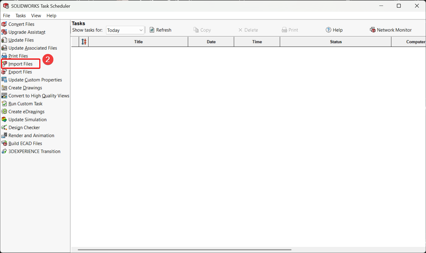 SolidWorks Task scheduler program with the Import File Task boxed with a red rectangle