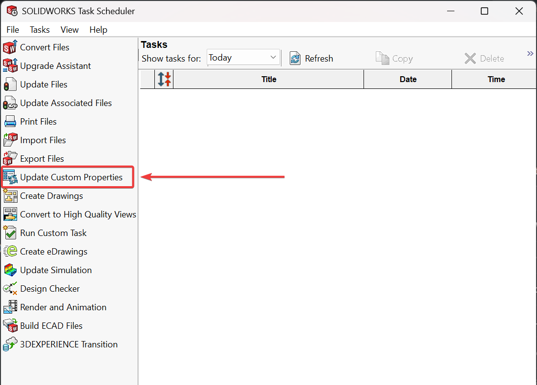 SOLIDWORKS Task Scheduler, Update Custom Properties task location