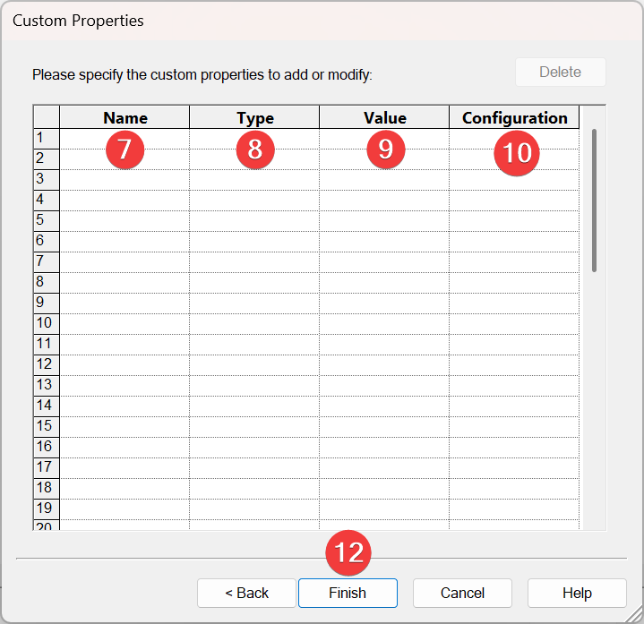 Custom Properties window, steps 7-12 reference