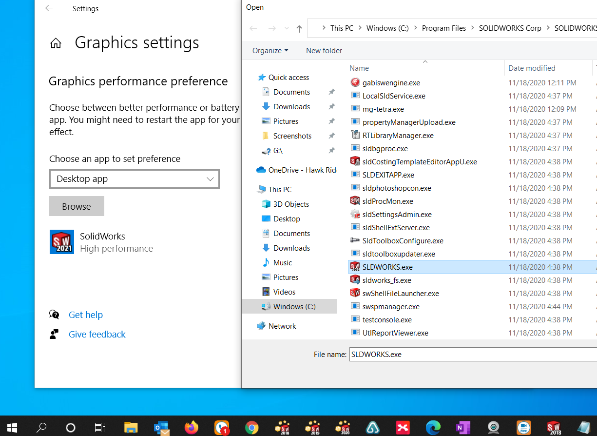 Select the SLDWORKS.exe as the Application