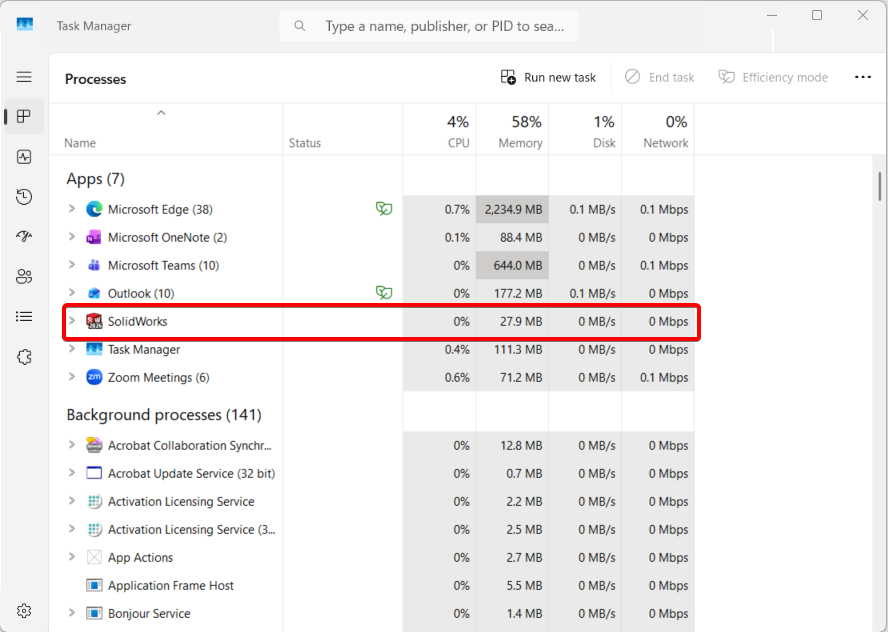 Task Manager Showing SolidWorks as an active process