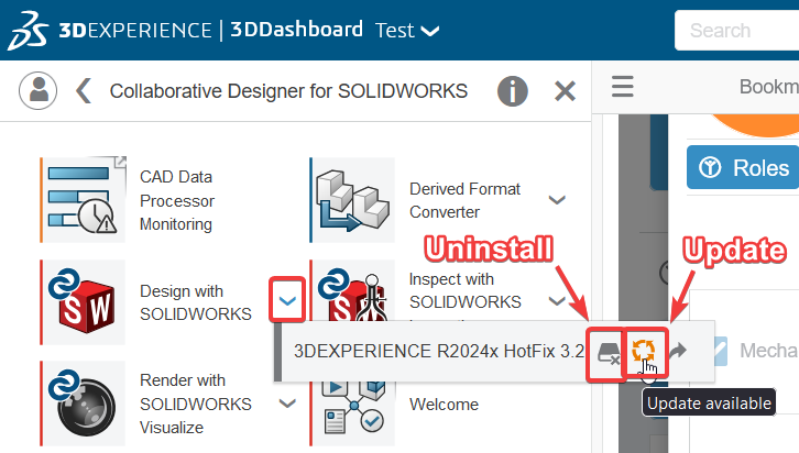 The Compass pane on the 3DEXPERIENCE Platform with the context menu for a SOLIDWORKS app open, with the drop-down arrow to open the menu and the Update and Uninstall buttons in the menu all highlighted
